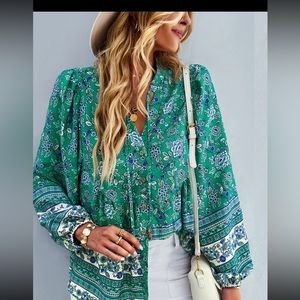 Bohemian Print Button-Up Long Sleeve Top